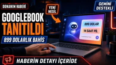 Google Googlebook laptopu ekranında Gemini yapay zekâ asistanı ve 899 dolarlık fiyat bilgisi görünüyor