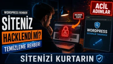 Hacklenen WordPress sitesi için güvenlik taraması yapan bir yöneticiyi gösteren dijital sahne.
