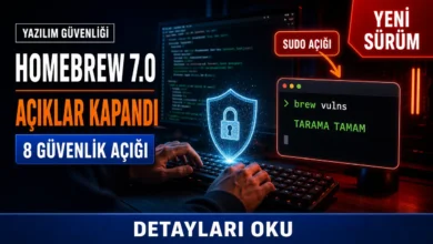 Homebrew 7.0.0 güvenlik güncellemesiyle kapatılan açıkları simgeleyen terminal ve kalkan temalı temsili görsel