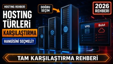 Farklı hosting türlerini simgeleyen boyutları değişen parlayan sunucu rafları