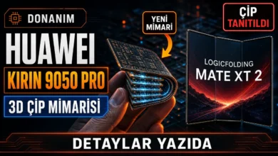 Huawei Kirin 9050 Pro işlemcisinin LogicFolding 3D çip mimarisini simgeleyen görsel