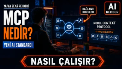MCP nedir sorusunu görselleştiren, yapay zekâ ajanını araçlara bağlayan ağ diyagramı sahnesi.