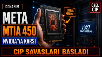 Elde tutulan Meta MTIA 450 Arke yapay zeka çipi ve arka planda sunucu kabini