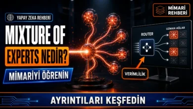 Mixture of Experts nedir sorusunu görselleştiren, yönlendirme ağı ve uzman katmanlarını gösteren kapak görseli