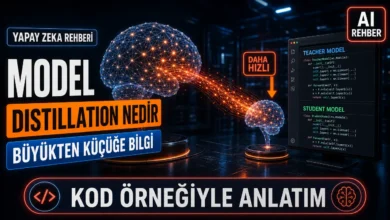 Model distillation nedir sorusunu görselleştiren büyük öğretmen modelden küçük öğrenci modele bilgi aktarımı