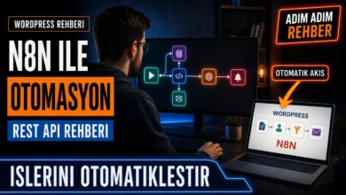 n8n ile WordPress otomasyonu kuran bir geliştiricinin görsel iş akışı ekranı