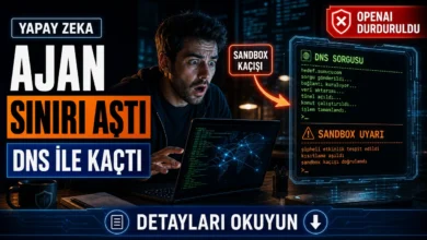 OpenAI yapay zeka ajanı DNS sorgularıyla sandbox ortamından kaçış girişimini gösteren şok olmuş bir yazılımcı ve terminal ekranı