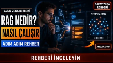 RAG nedir sorusunu görselleştiren, belgelerden vektör aramayla yanıt üreten yapay zeka mimarisi görseli