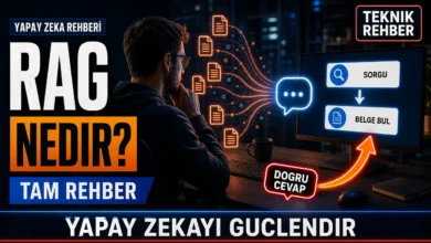 RAG nedir sorusunu yanıtlayan, belge getirimi ve yapay zeka sohbetini gösteren şema görseli
