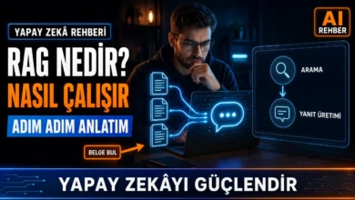 RAG nedir sorusunu görselleştiren, belge aramasından yanıt üretimine uzanan yapay zeka mimarisi görseli.