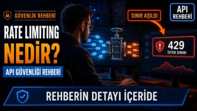 Rate limiting nedir sorusunu anlatan, gelen isteklerin bir vana ile sınırlandırıldığı ve 429 hata koduyla gösterildiği ekran