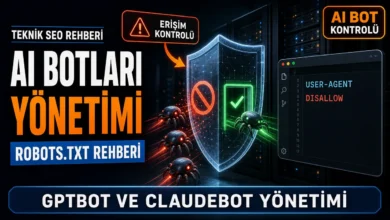 robots.txt ile AI botlarını yönetme sürecini gösteren, dijital kalkanla bot erişimini kontrol eden görsel