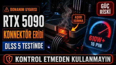 RTX 5090 DLSS 5 testinde aşırı ısınan 16 pin güç konnektörünü gösteren temsili görsel