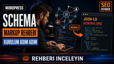 WordPress sitesinde Schema Markup kurulum adımlarını anlatan kod ve yapılandırılmış veri görseli