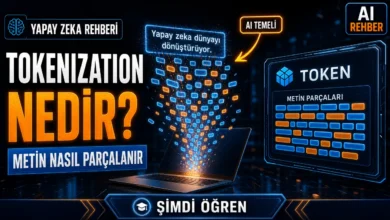 Tokenization nedir sorusunu görselleştiren, bir cümlenin glow eden token parçalarına ayrıldığı dijital sahne