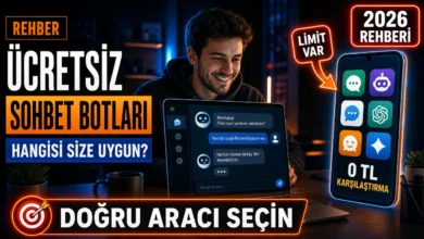 Ücretsiz yapay zeka sohbet botları arasında karşılaştırma yapan bir kullanıcının laptop başında görseli