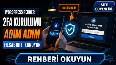 WordPress iki faktörlü doğrulama kurulumunu gösteren, telefonda doğrulama kodu ve dizüstü bilgisayarda giriş ekranı sahnesi