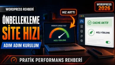 WordPress önbellekleme rehberi kapsamında hız kazanımını gösteren dizüstü bilgisayar ve cache eklentisi paneli görseli