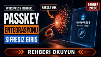 WordPress passkey entegrasyonu ile şifresiz biyometrik girişi simgeleyen parmak izi ve dizüstü bilgisayar görseli