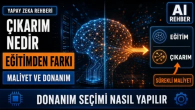 Yapay zeka çıkarımı nedir sorusunu görselleştiren eğitim ve çıkarım aşamalarını gösteren beyin ağı grafiği