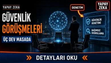 Yapay zeka güvenliği görüşmeleri kapsamında OpenAI, Anthropic ve Google temsilcilerinin sanal masada bağımsız denetim görüşmesini simgeleyen görsel