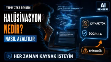 Yapay zeka halüsinasyonu nedir sorusunu görselleştiren, sohbet ekranında belirsiz bilgi üreten yapay zekayı gösteren temsili görsel