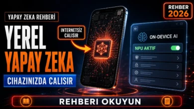 Yerel yapay zeka nedir sorusunu görselleştiren, internetsiz çalışan cihaz üzerinde NPU çipini temsil eden görsel