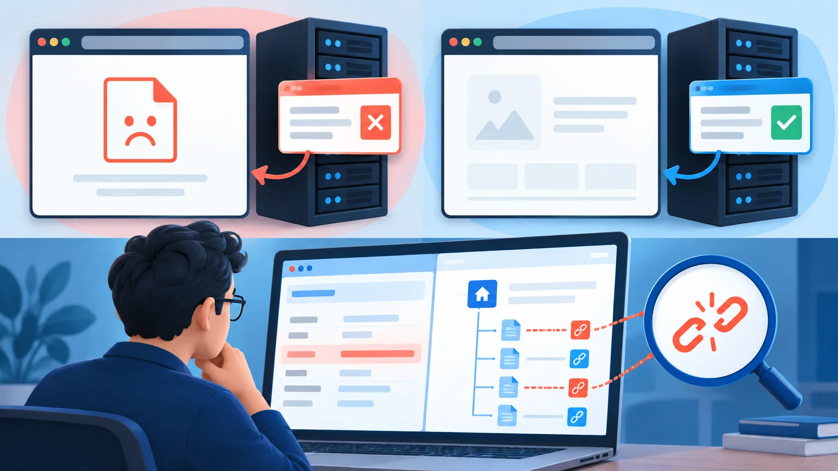 Gerçek 404 yanıtı ile boş içerikli 200 yanıtını ve bağlantı denetimini karşılaştıran çizim