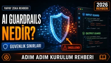 AI guardrails nedir sorusunu görselleştiren, yapay zeka ağını koruyan dijital kalkan görseli