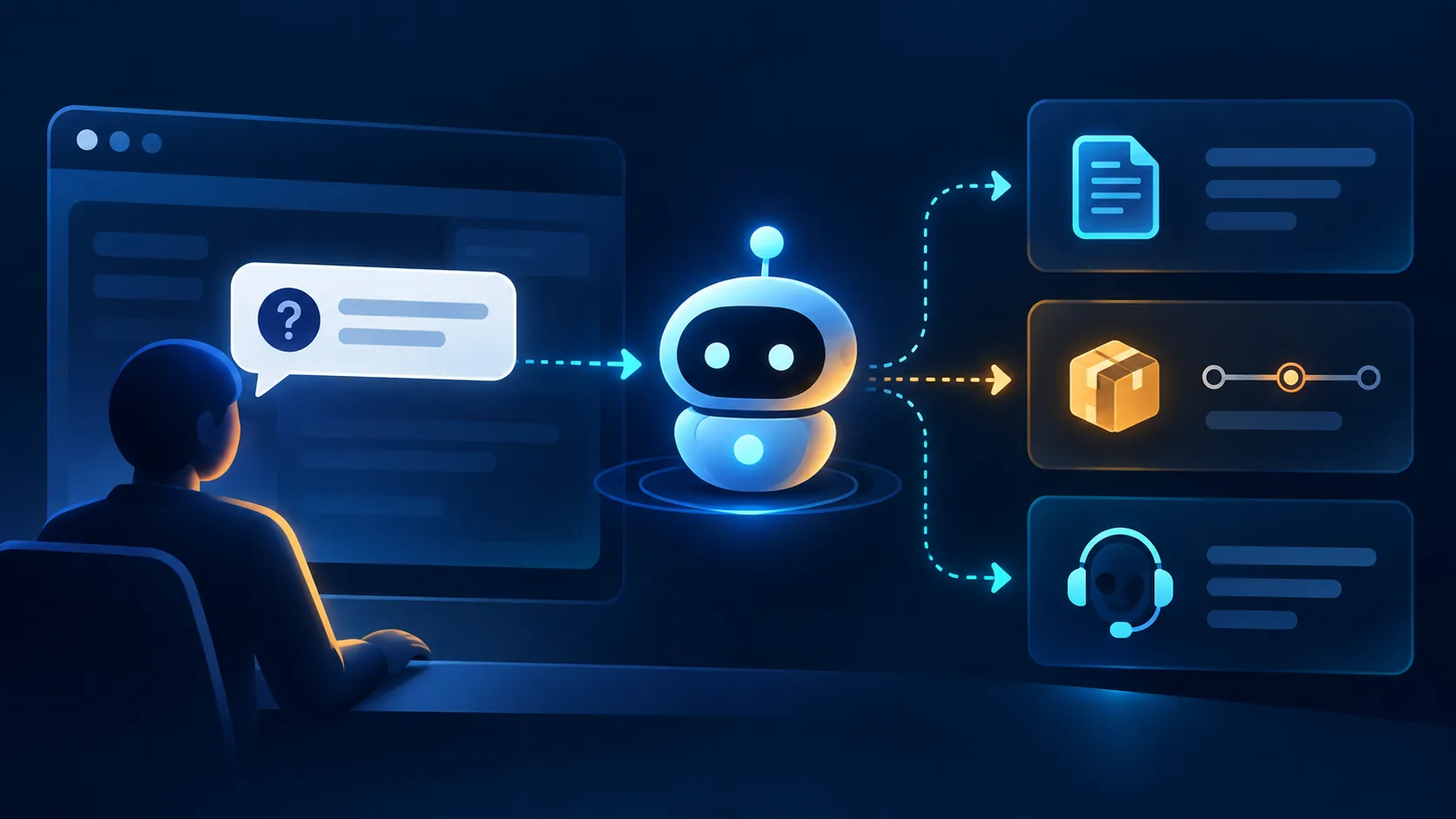 Web sitesi ziyaretçisinin sorusunun bilgi makalesi, sipariş durumu veya insan destek ekibine yönlendirilmesini gösteren çizim