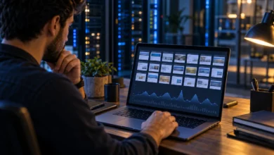 Uzman, laptopta çok sayıda web sayfasının tarama etkinliğini inceliyor