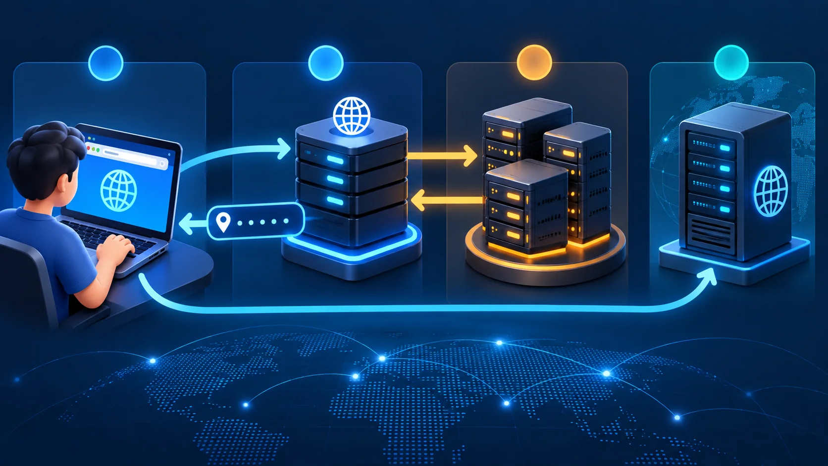 Tarayıcı isteğinin DNS çözümleyicisi ve yetkili sunucu üzerinden IP adresine ulaşması