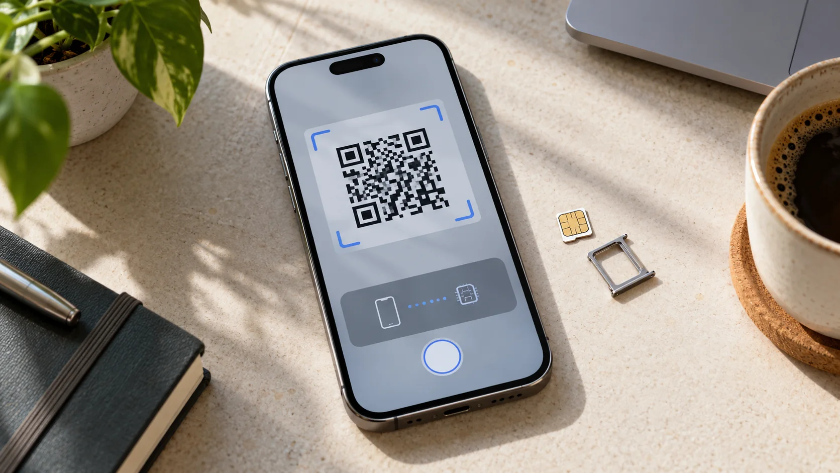 Telefonda eSIM kurulum ekranı ve yanında fiziksel nano SIM kart