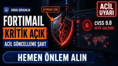 FortiMail kritik açığı nedeniyle kırık kalkan ve CVSS 9.8 aktif saldırı uyarısı gösteren siber güvenlik görseli