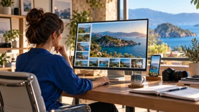 Editör, makaleye uygun fotoğrafı masaüstü ve mobil ekranda inceliyor