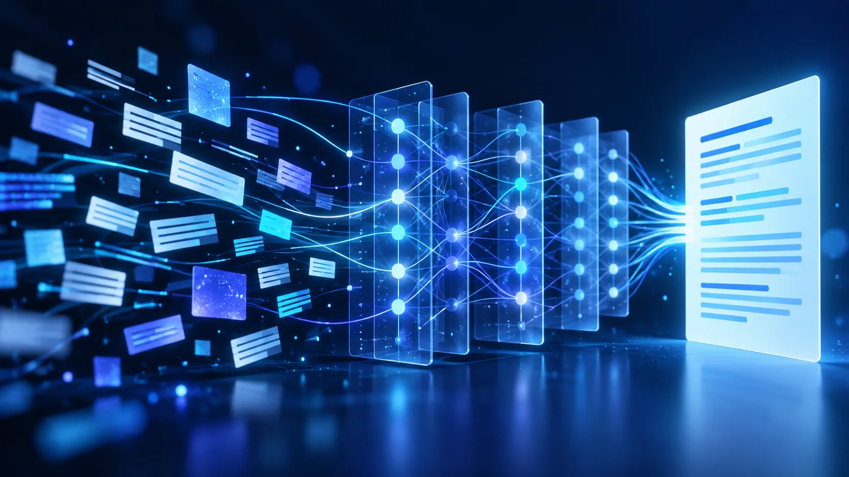 Metnin token parçalarından geçerek bağlantılı ağ katmanlarında işlenmesi ve yeni bir yanıtın üretilmesini gösteren kavramsal çizim