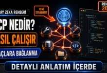 MCP nedir sorusunu görselleştiren yapay zeka araç bağlantı şeması ve örnek yapılandırma kodu