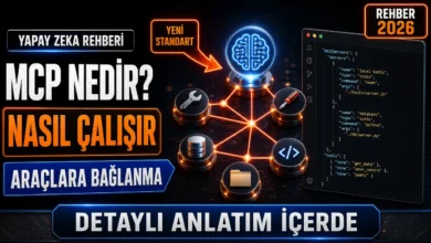 MCP nedir sorusunu görselleştiren yapay zeka araç bağlantı şeması ve örnek yapılandırma kodu