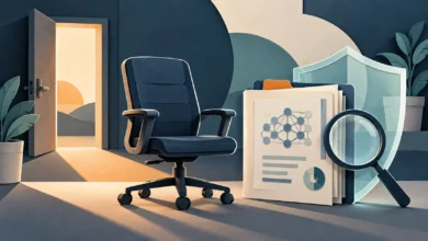 Boş ofis koltuğu, model belgeleri, büyüteç ve şeffaf kalkan illüstrasyonu