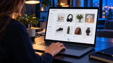 Laptop ekranındaki ürün listesinde 1, 2 ve 3 sayfa bağlantıları; imleç ikinci sayfanın üzerinde