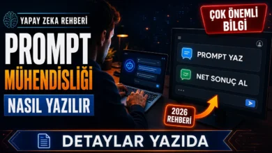 Prompt mühendisliği nedir sorusunu anlatan, laptopta yapay zeka sohbetiyle çalışan kişiyi gösteren kapak görseli