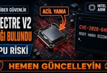 Spectre v2 açığı ve Branch Target Reuse saldırısını temsil eden işlemci ve terminal görseli
