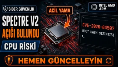 Spectre v2 açığı ve Branch Target Reuse saldırısını temsil eden işlemci ve terminal görseli