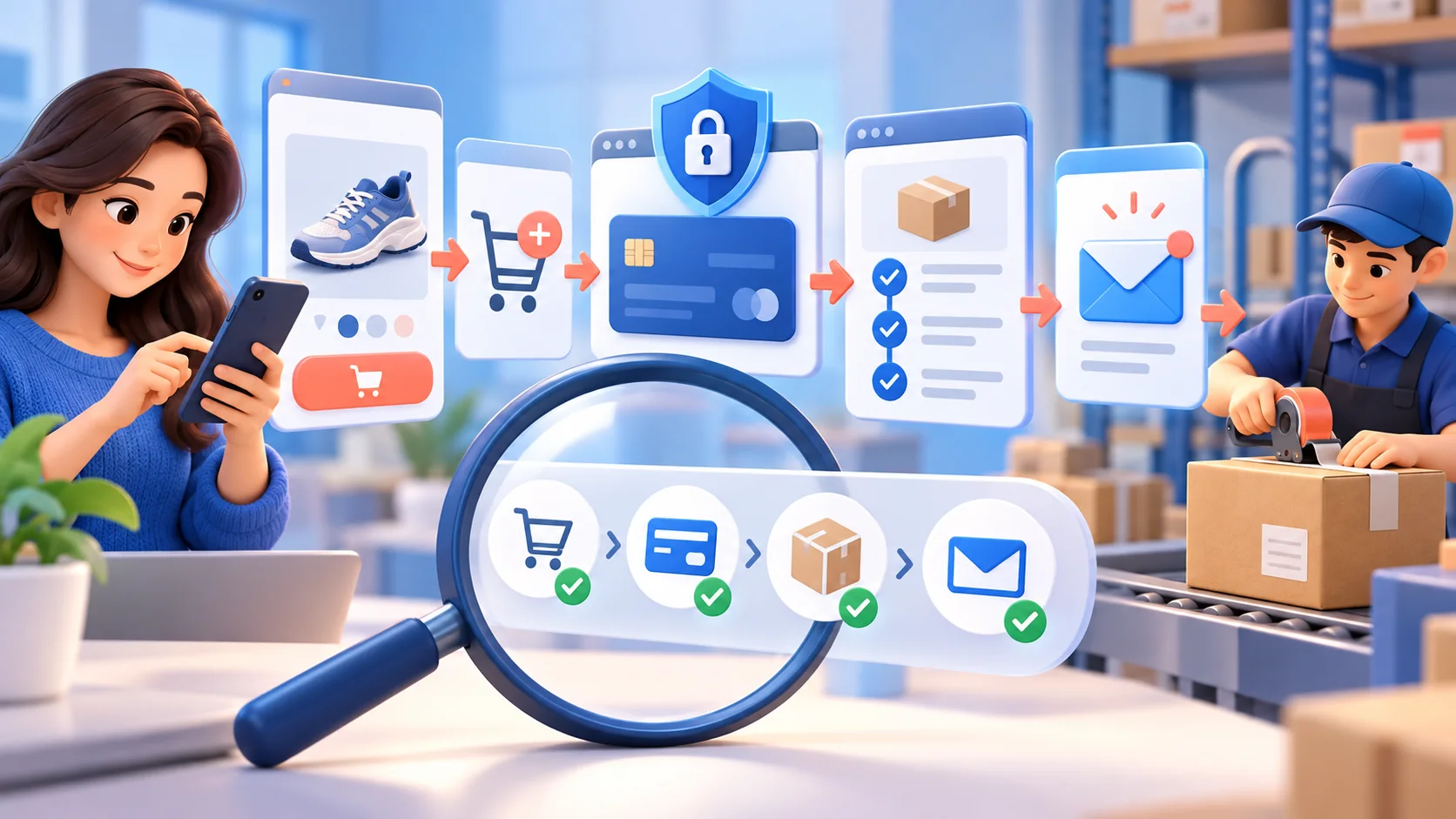 Mobil alışverişten test ödemesine, sipariş kaydına ve e-posta bildirimine uzanan kontrol
