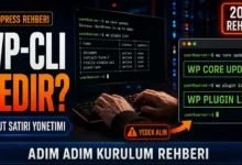 WP-CLI nedir sorusunu görselleştiren, terminal ekranında WordPress komutları yazan ellerin görüntüsü