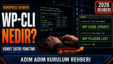 WP-CLI nedir sorusunu görselleştiren, terminal ekranında WordPress komutları yazan ellerin görüntüsü